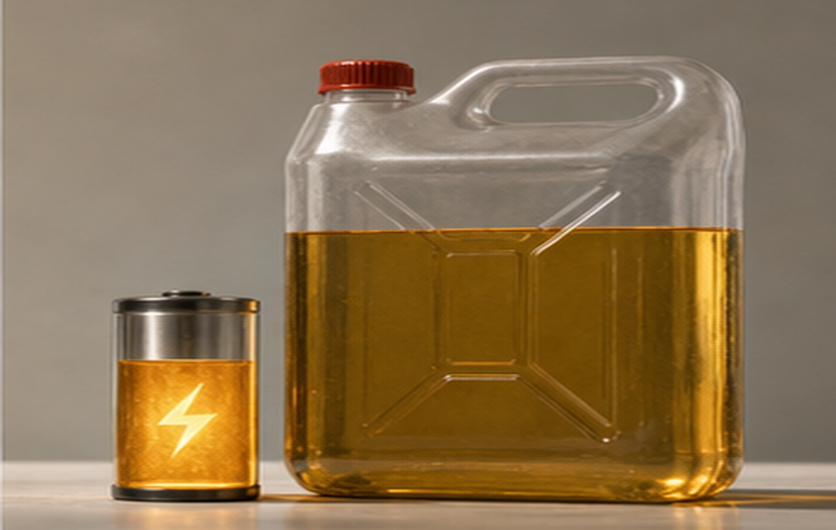 A fuel container beside a smaller glowing battery, showing that litres and useful energy are different things.