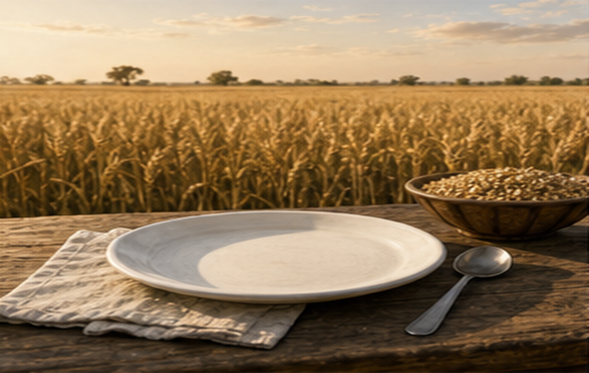 A cereal field with an empty plate in the foreground, showing the food-versus-fuel counterfactual.