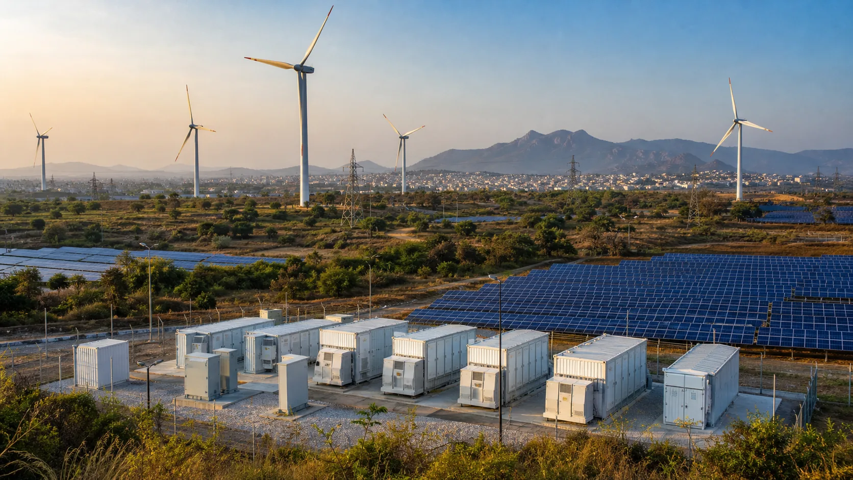 A composite Tamil Nadu landscape: a utility-scale solar farm in the foreground, wind turbines on the ridgeline behind, and a row of battery-energy-storage containers in the middle distance, mountains beyond.