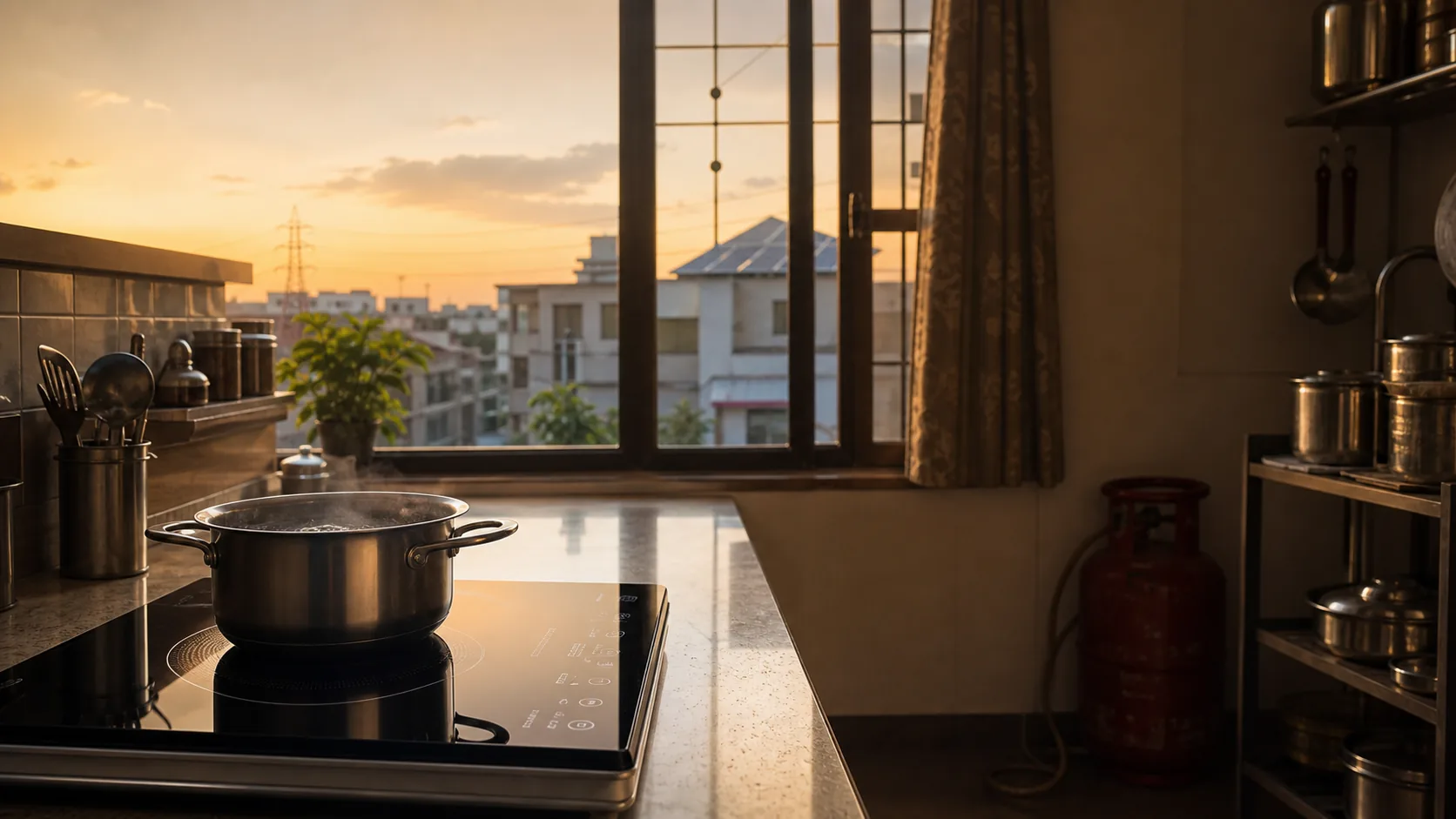 An induction cooktop on a clean kitchen counter at sunset, with a stainless-steel pot, a Chennai skyline visible through an open window, and an old red cylinder pushed to a far shelf.